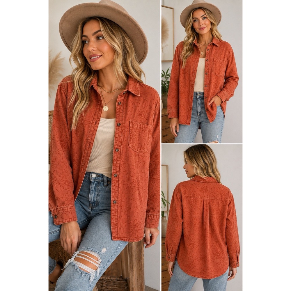 Urban Outfitters Burnt Orange Embroidered Button Front Shacket Medium Boho